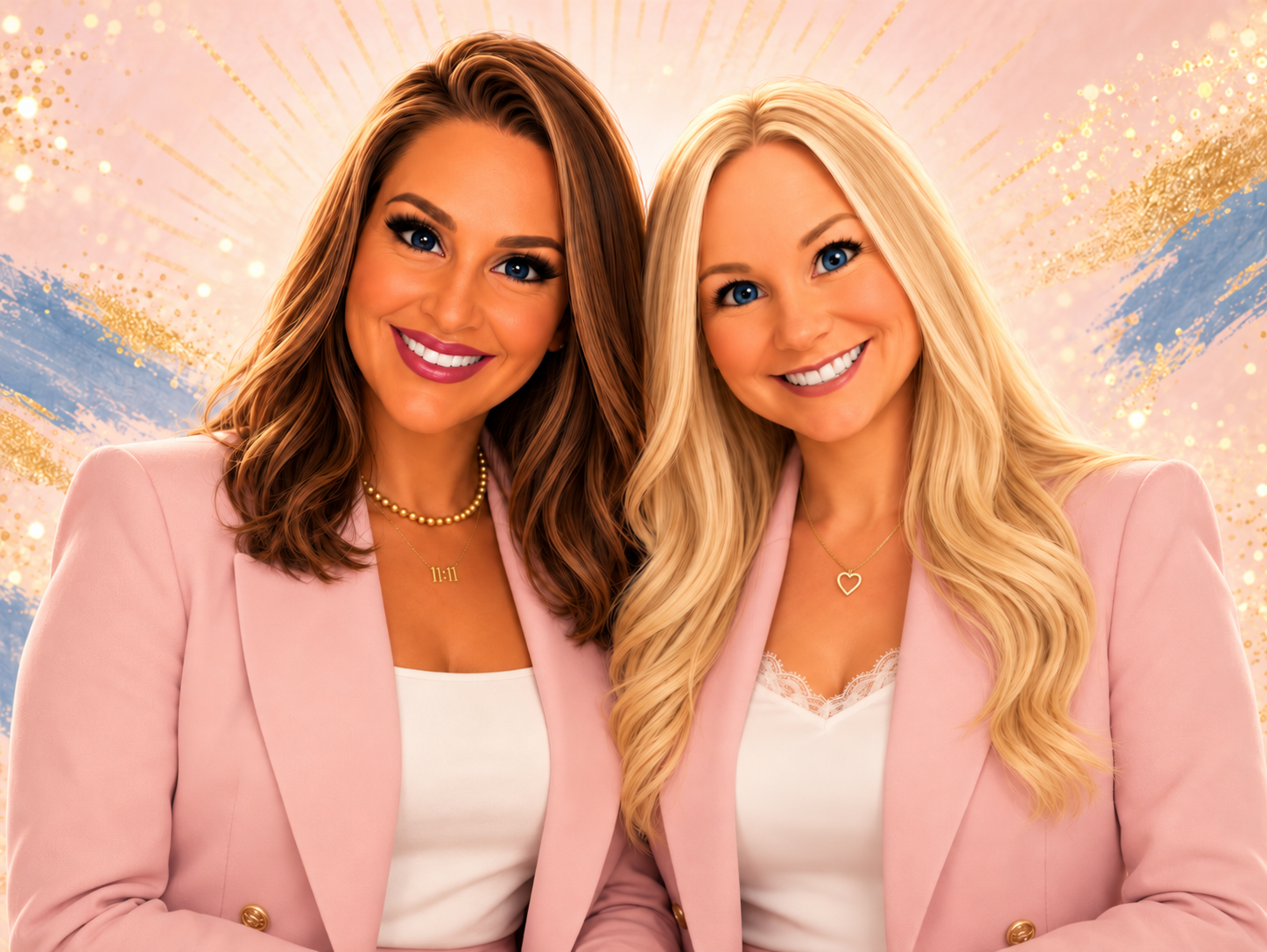 Katie and Robin, co-founders of Made Brighter Studio, wearing pink blazers
